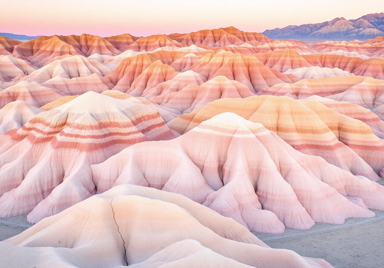 Pastel mineral badlands in Death Valley at soft dawn light