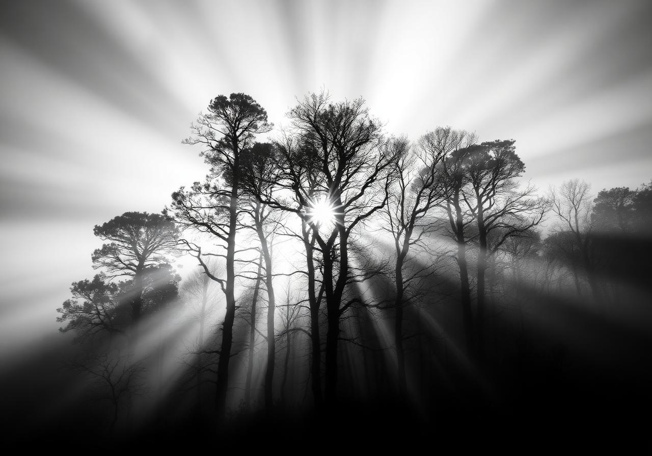 Black and white forest with sunbeams through mist