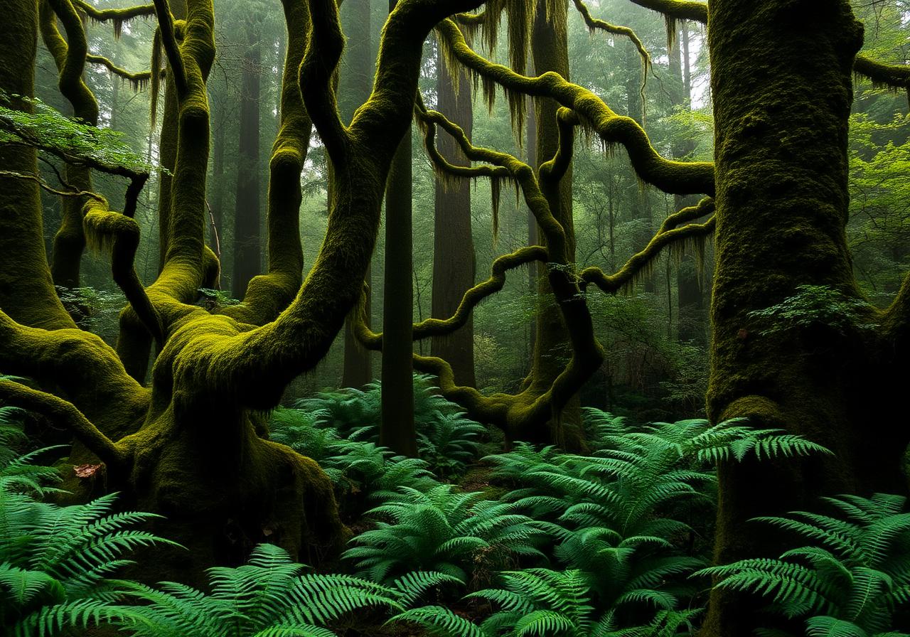 Moss-covered trees and ferns in Olympic National Park rainforest