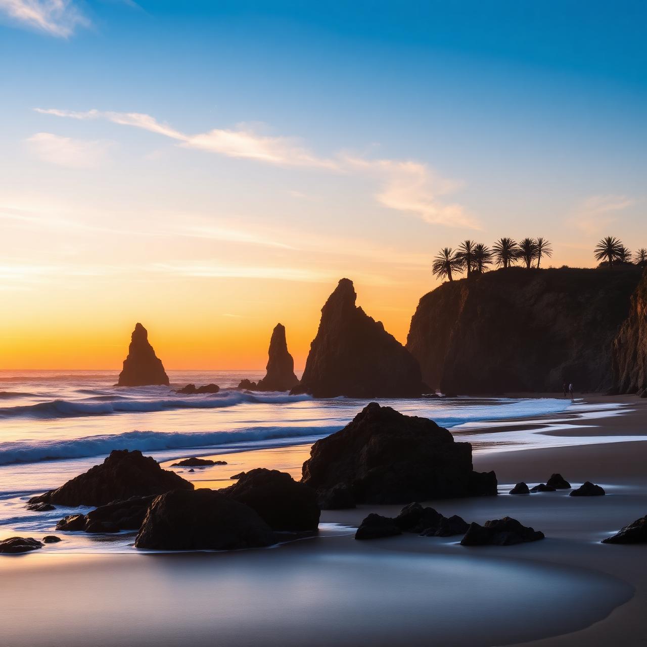 Sea stacks at sunset on Rialto Beach with reflective water
